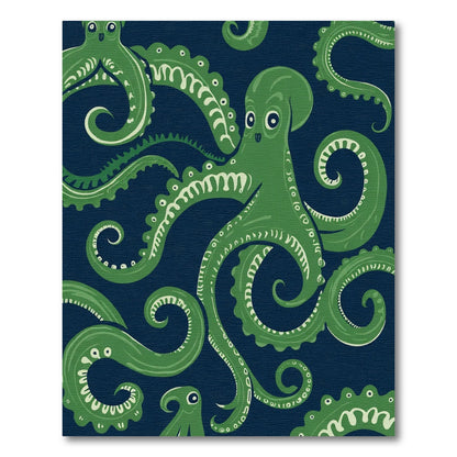 Whimsical Green Octopus Navy Swirl Rug