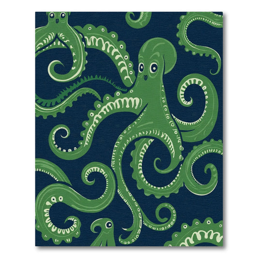 Whimsical Green Octopus Navy Swirl Rug