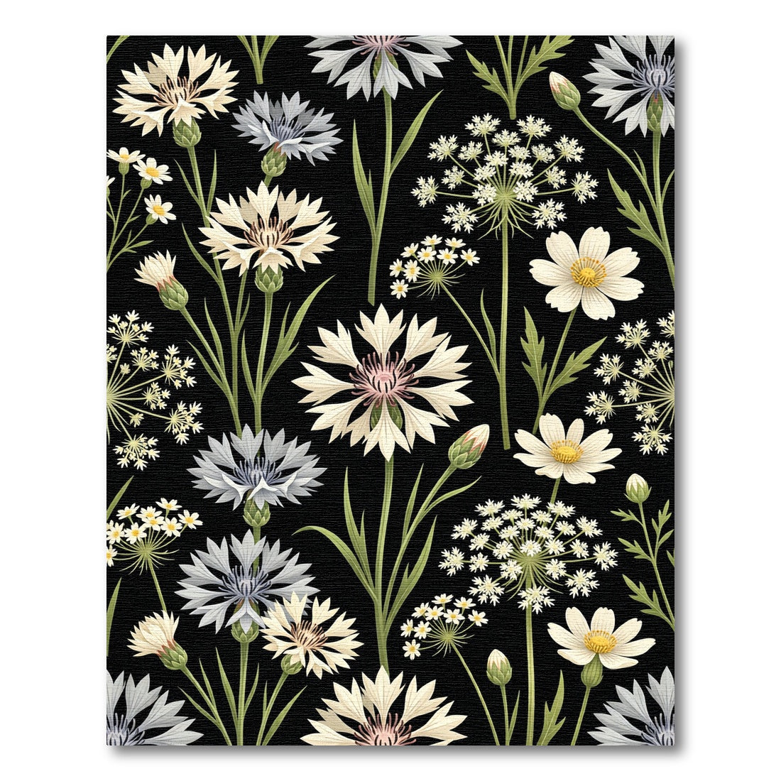 Elegant Botanical Cornflower Meadow on Black Rug