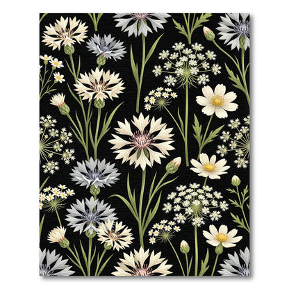 Elegant Botanical Cornflower Meadow on Black Rug