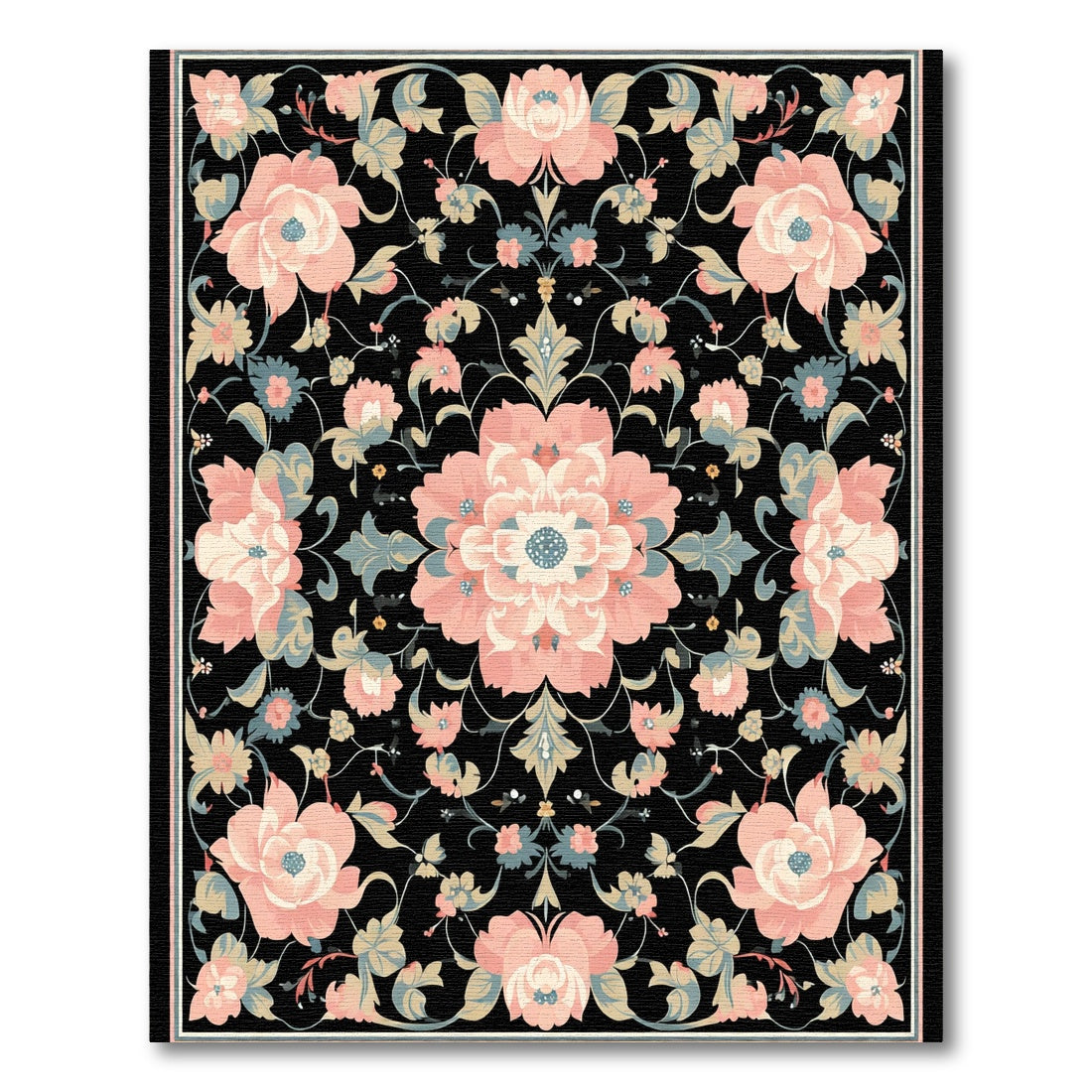 Soft Pink Floral Garden Black Rug