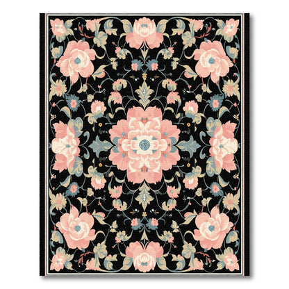 Soft Pink Floral Garden Black Rug