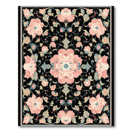 Soft Pink Floral Garden Black Rug