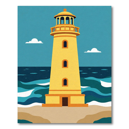 Coastal Yellow Lighthouse Beach Scene Rug