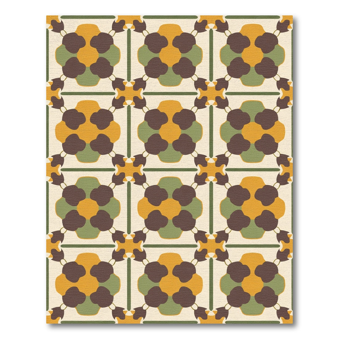 Retro Cream Brown Green Floral Grid Rug