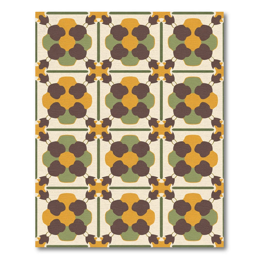 Retro Cream Brown Green Floral Grid Rug