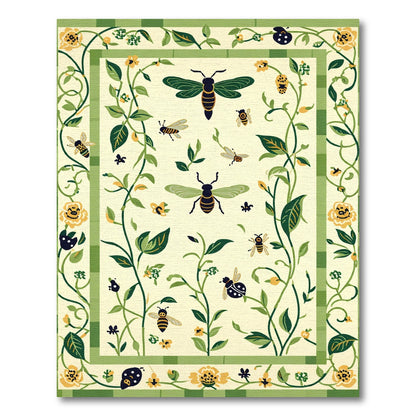 Whimsical Green Bee Ladybug Floral Rug