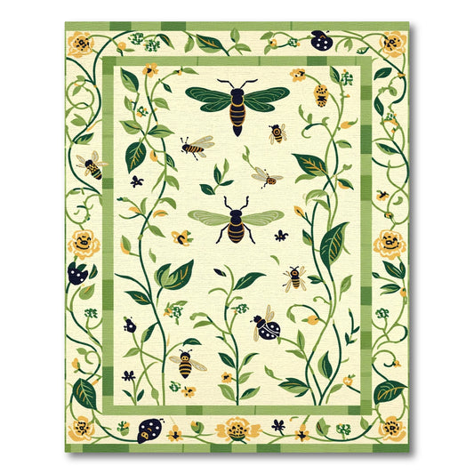 Whimsical Green Bee Ladybug Floral Rug