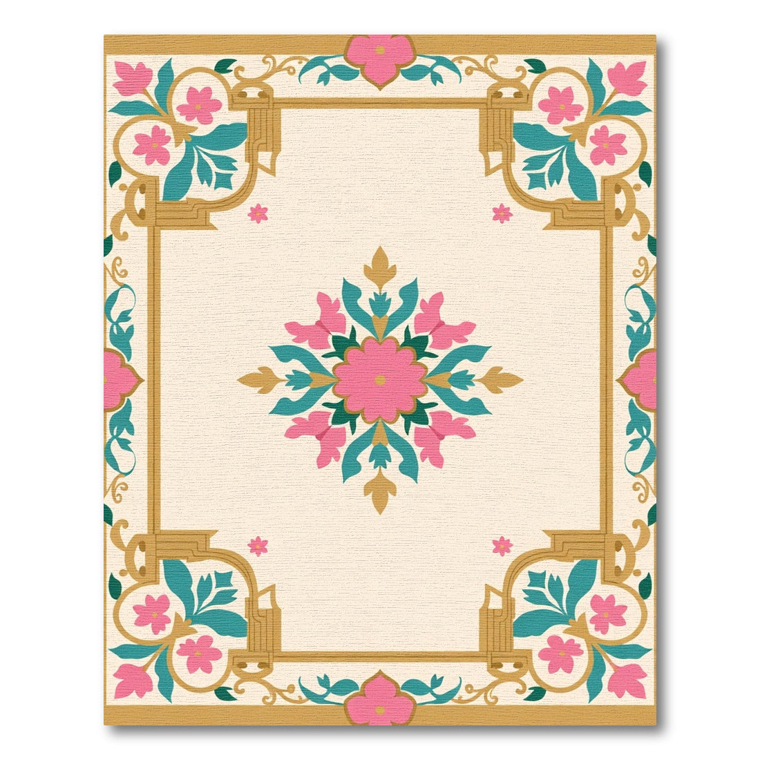 Golden Pink Teal Floral Medallion Border Rug