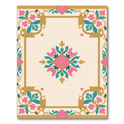 Golden Pink Teal Floral Medallion Border Rug