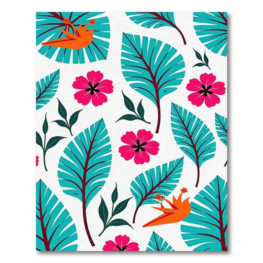 Bright Orange Bird Tropical Leaf Arrangement Rug