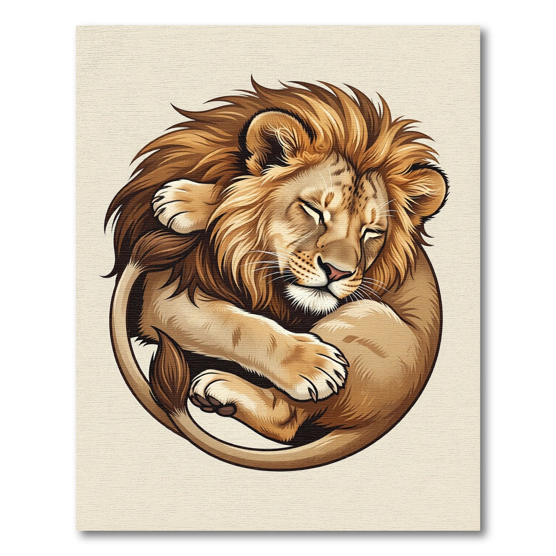 Golden Sleeping Lion Circular Illustration Rug