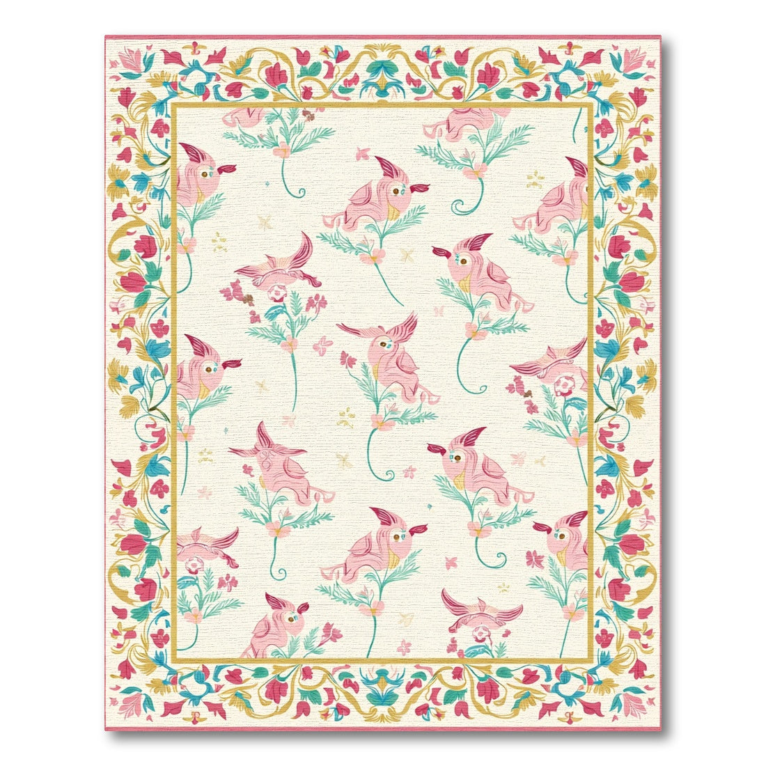 Pink Whimsical Bird Garden Scroll Rug