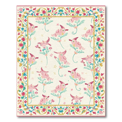 Pink Whimsical Bird Garden Scroll Rug