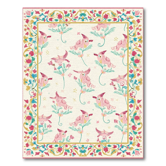 Pink Whimsical Bird Garden Scroll Rug