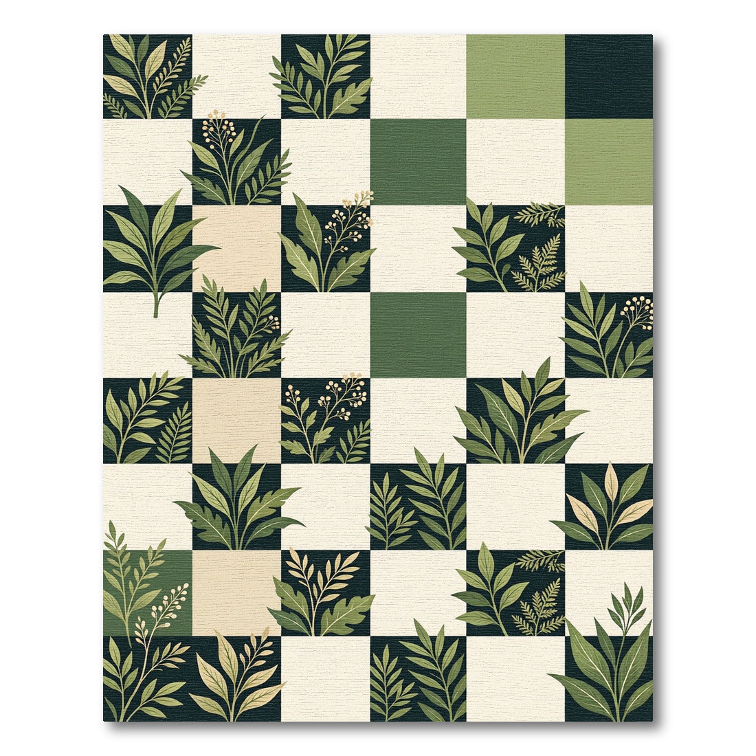Botanical Green Checkerboard Leaf Garden Rug