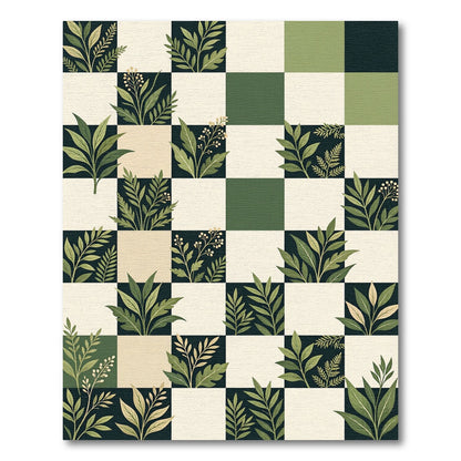 Botanical Green Checkerboard Leaf Garden Rug