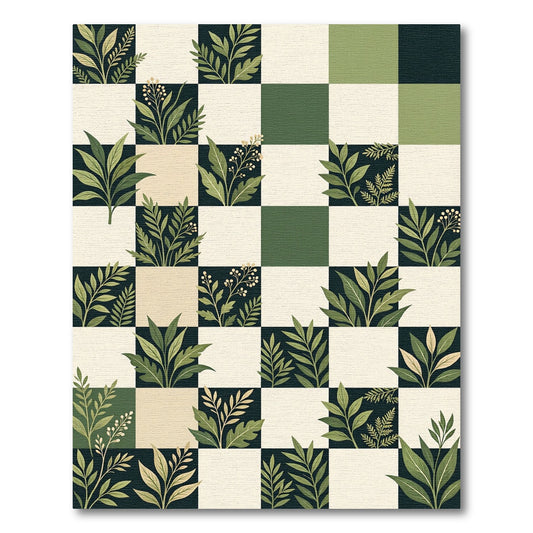 Botanical Green Checkerboard Leaf Garden Rug