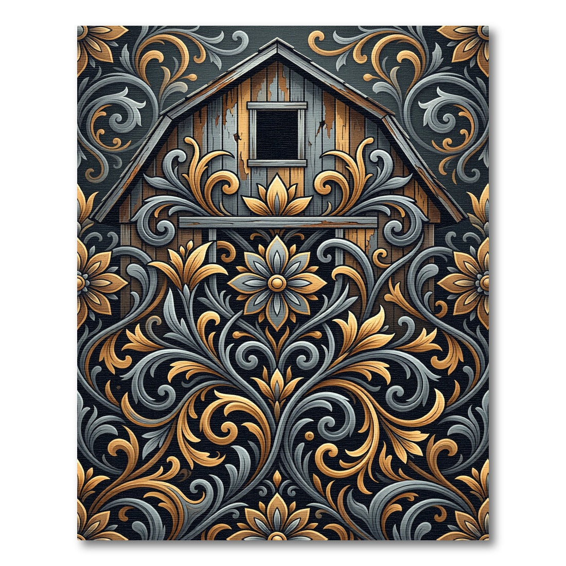 Rustic Slate Gray Gold Floral Scroll Rug