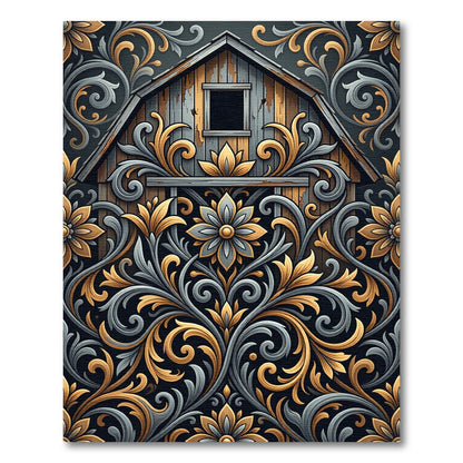 Rustic Slate Gray Gold Floral Scroll Rug