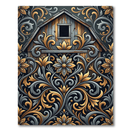 Rustic Slate Gray Gold Floral Scroll Rug