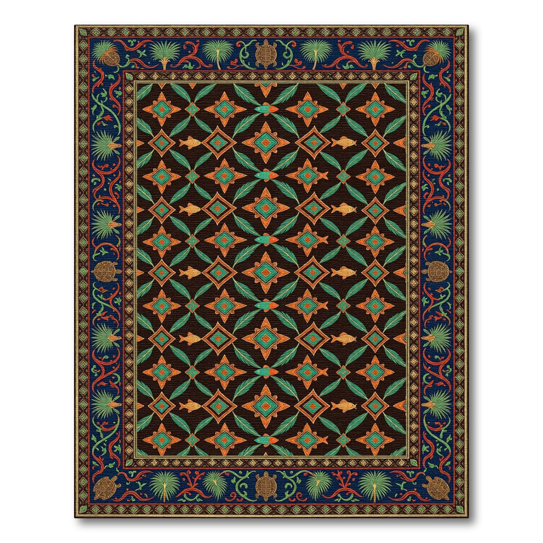 Ornate Teal and Orange Marine Geometric Rug