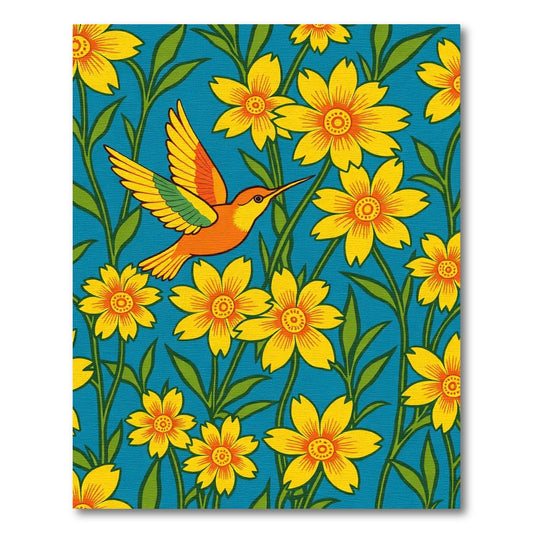 Vibrant Yellow Floral Hummingbird Scene Rug