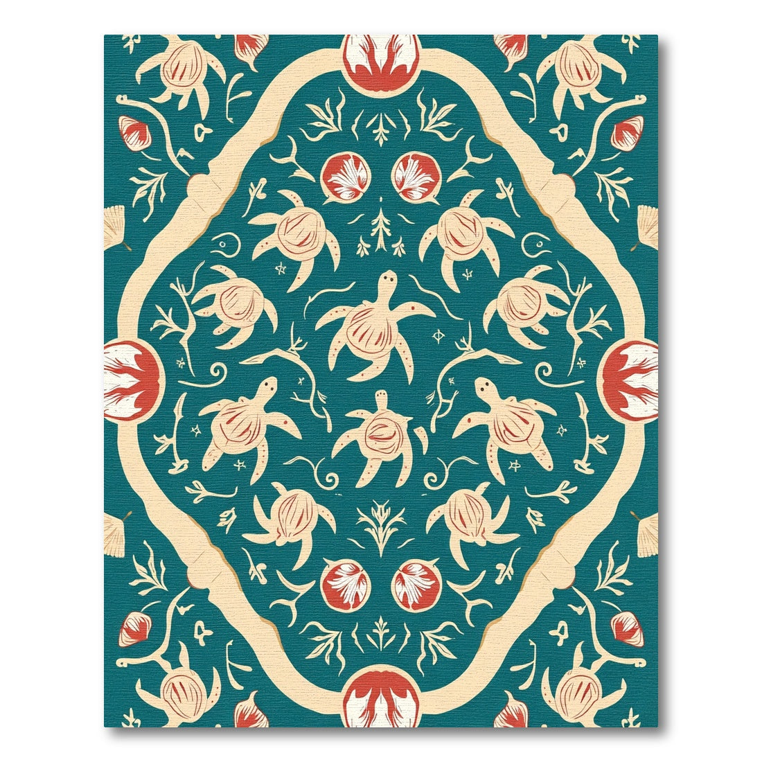 Teal Red Turtle Floral Mandala Rug