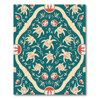 Teal Red Turtle Floral Mandala Rug