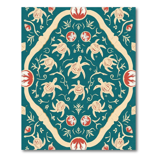 Teal Red Turtle Floral Mandala Rug