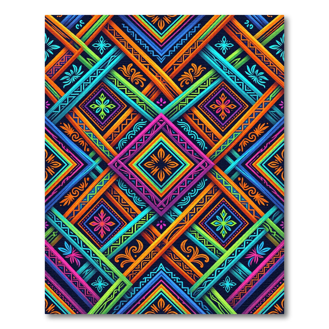 Vibrant Neon Geometric Kaleidoscope Interlocking Square Rug