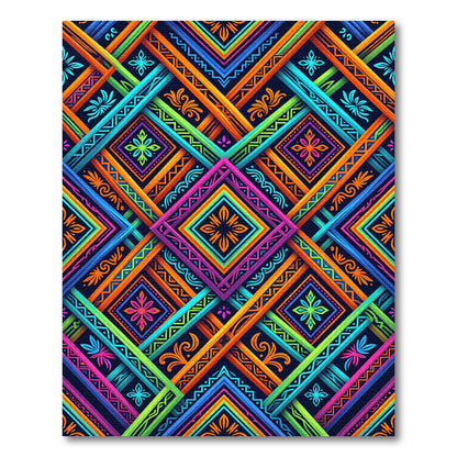 Vibrant Neon Geometric Kaleidoscope Interlocking Square Rug