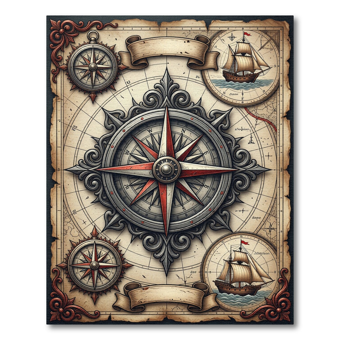 Vintage Nautical Compass Antique Map Rug