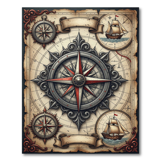 Vintage Nautical Compass Antique Map Rug