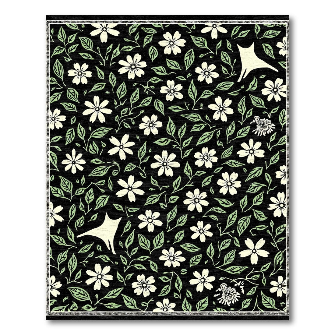 Cream Floral Whimsical Cat Black Rug