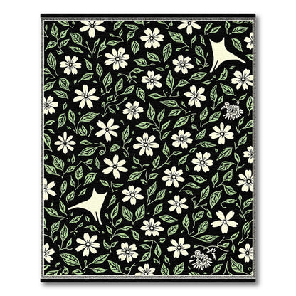 Cream Floral Whimsical Cat Black Rug