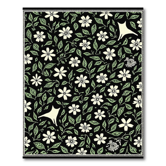 Cream Floral Whimsical Cat Black Rug