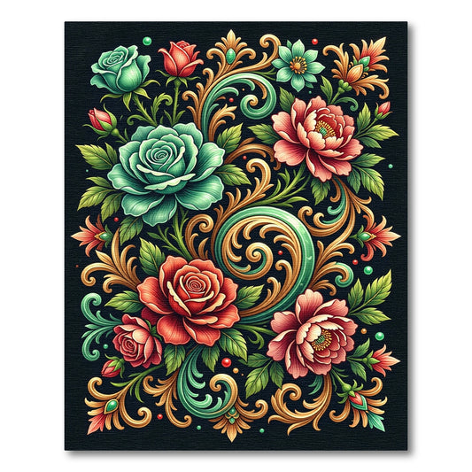 Elegant Teal and Crimson Floral Scroll Rug