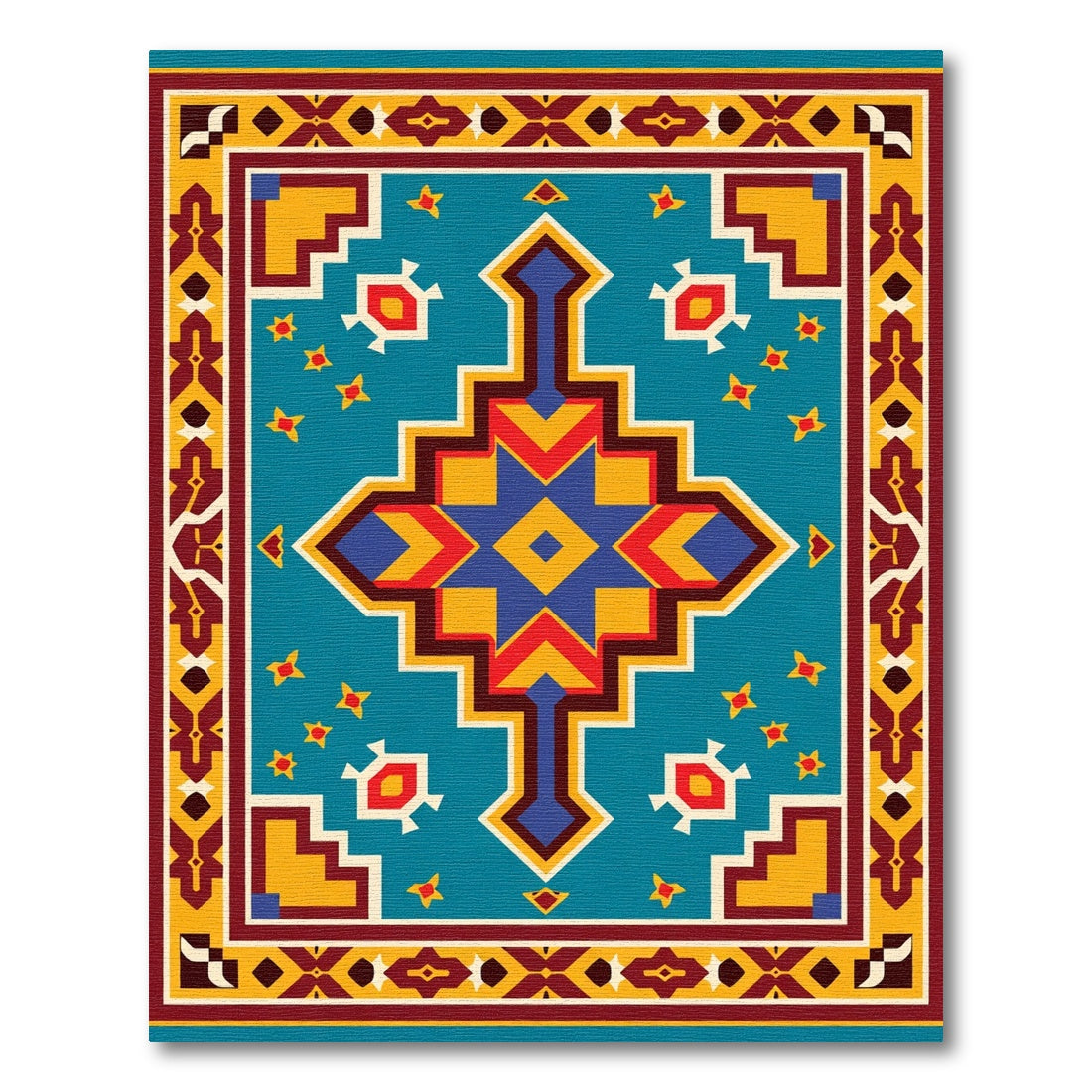 Turquoise Red Yellow Geometric Central Medallion Rug