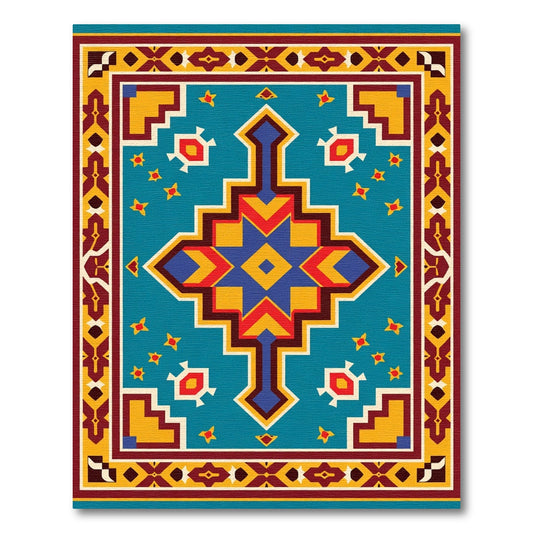 Turquoise Red Yellow Geometric Central Medallion Rug