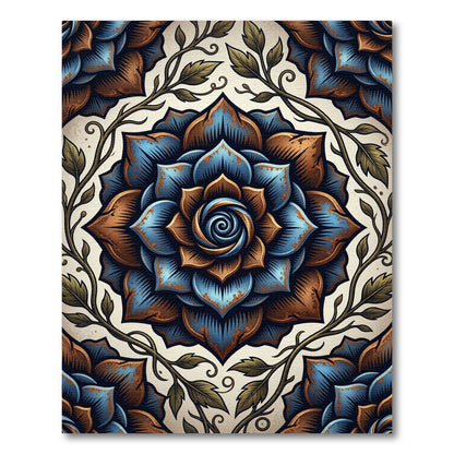 Rustic Teal and Bronze Floral Mandala Rug