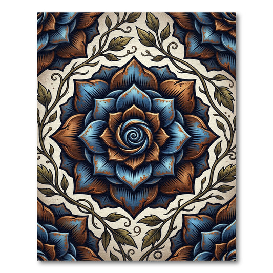 Rustic Teal and Bronze Floral Mandala Rug