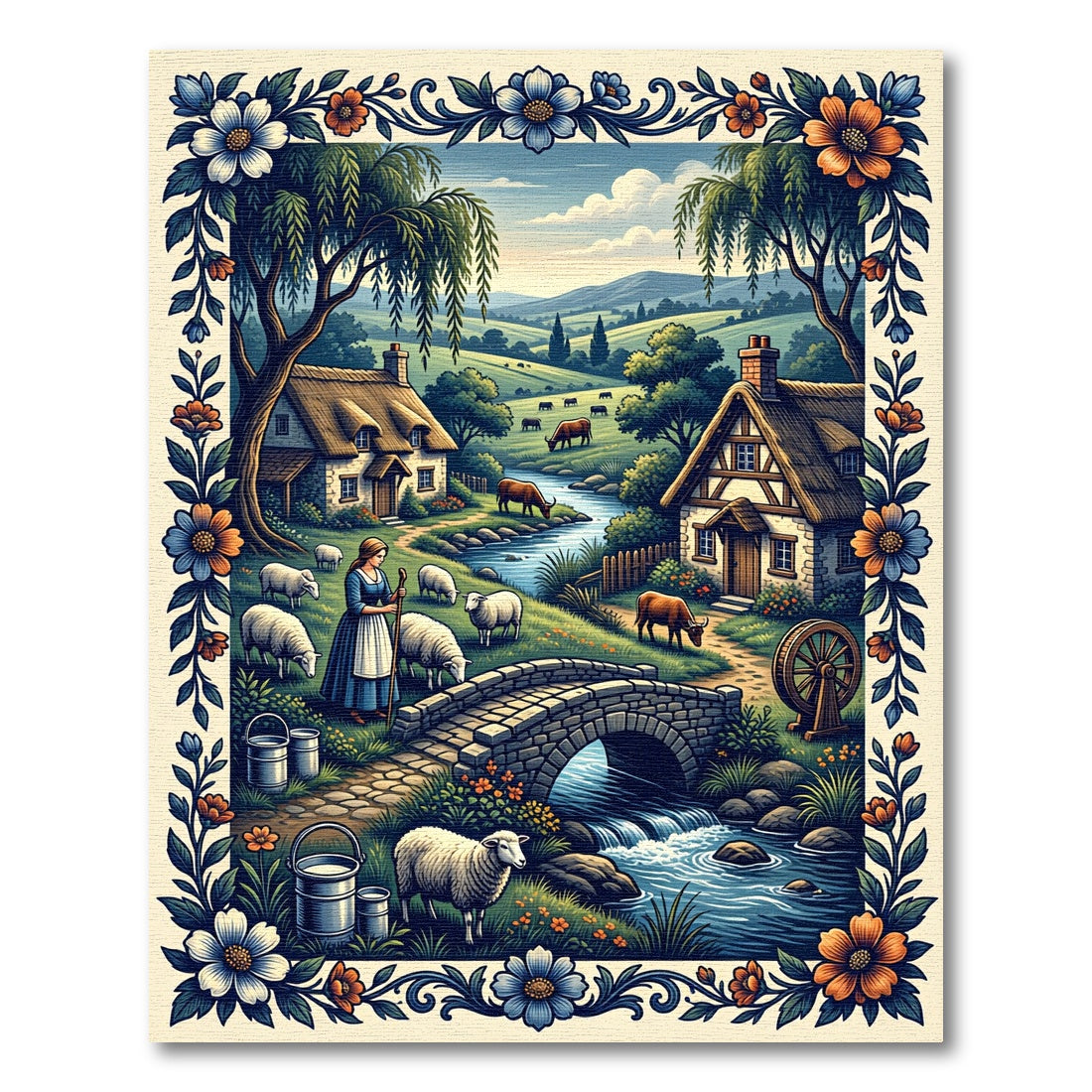 Pastoral Countryside Blue Floral Border Rug