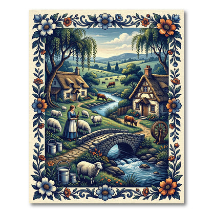 Pastoral Countryside Blue Floral Border Rug