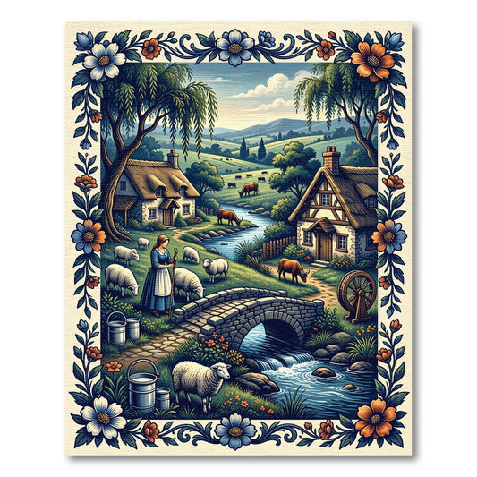 Pastoral Countryside Blue Floral Border Rug