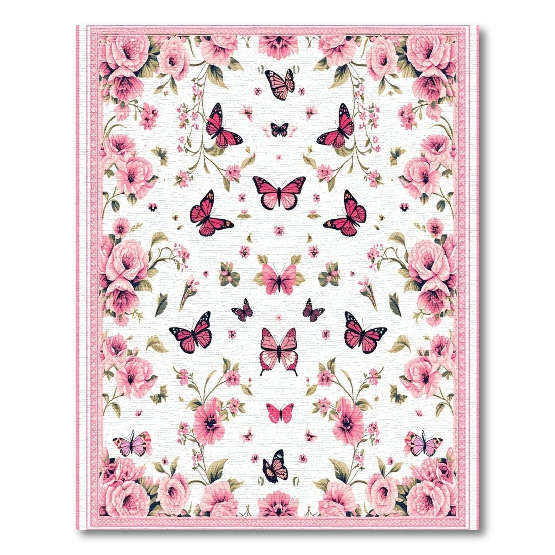 Romantic Pink Roses Butterflies Rug