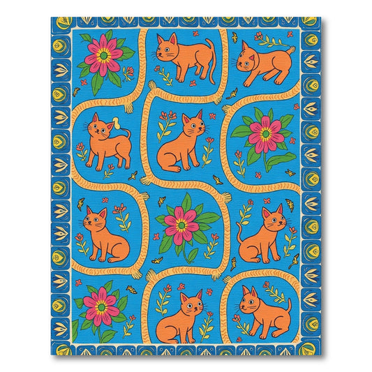 Playful Orange Cats Pink Flowers Border Rug