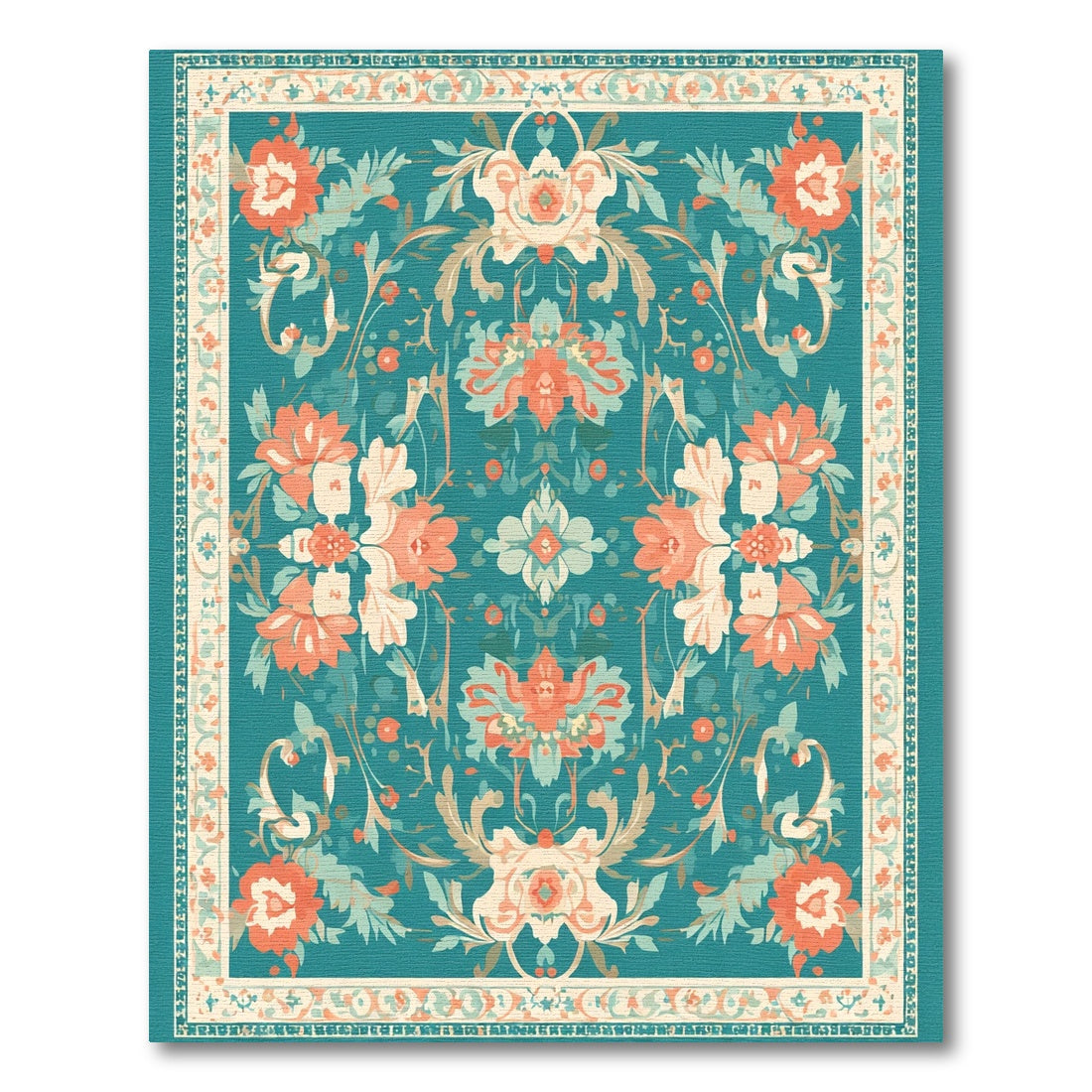 Teal Coral Floral Scroll Harmony Rug