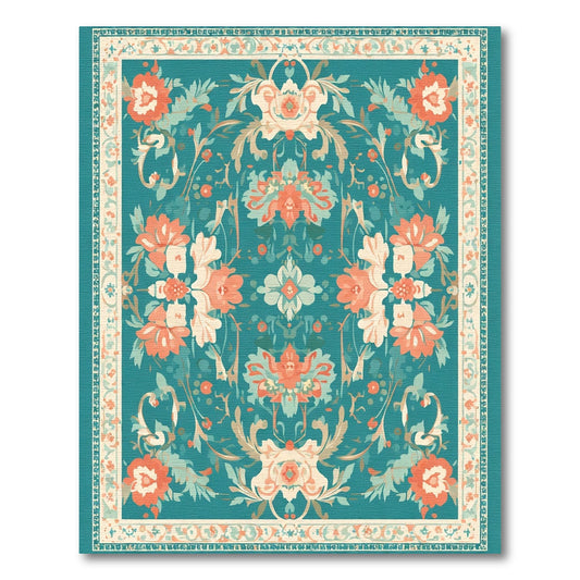 Teal Coral Floral Scroll Harmony Rug