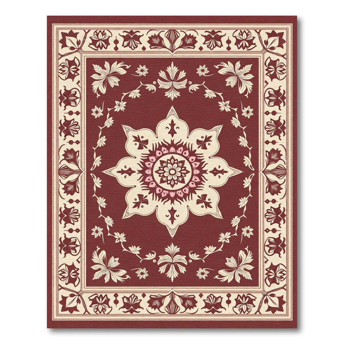 Deep Red Floral Medallion Garden Rug